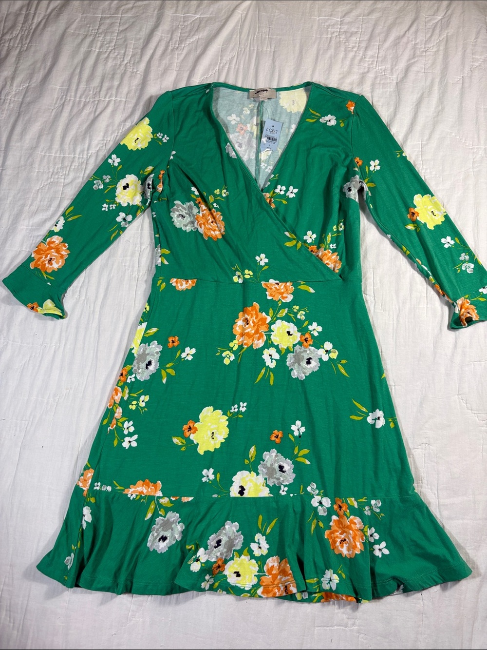 Loft Outlet Petite Green Floral Faux Wrap Ruffle Dress 2P NWT 526554‎